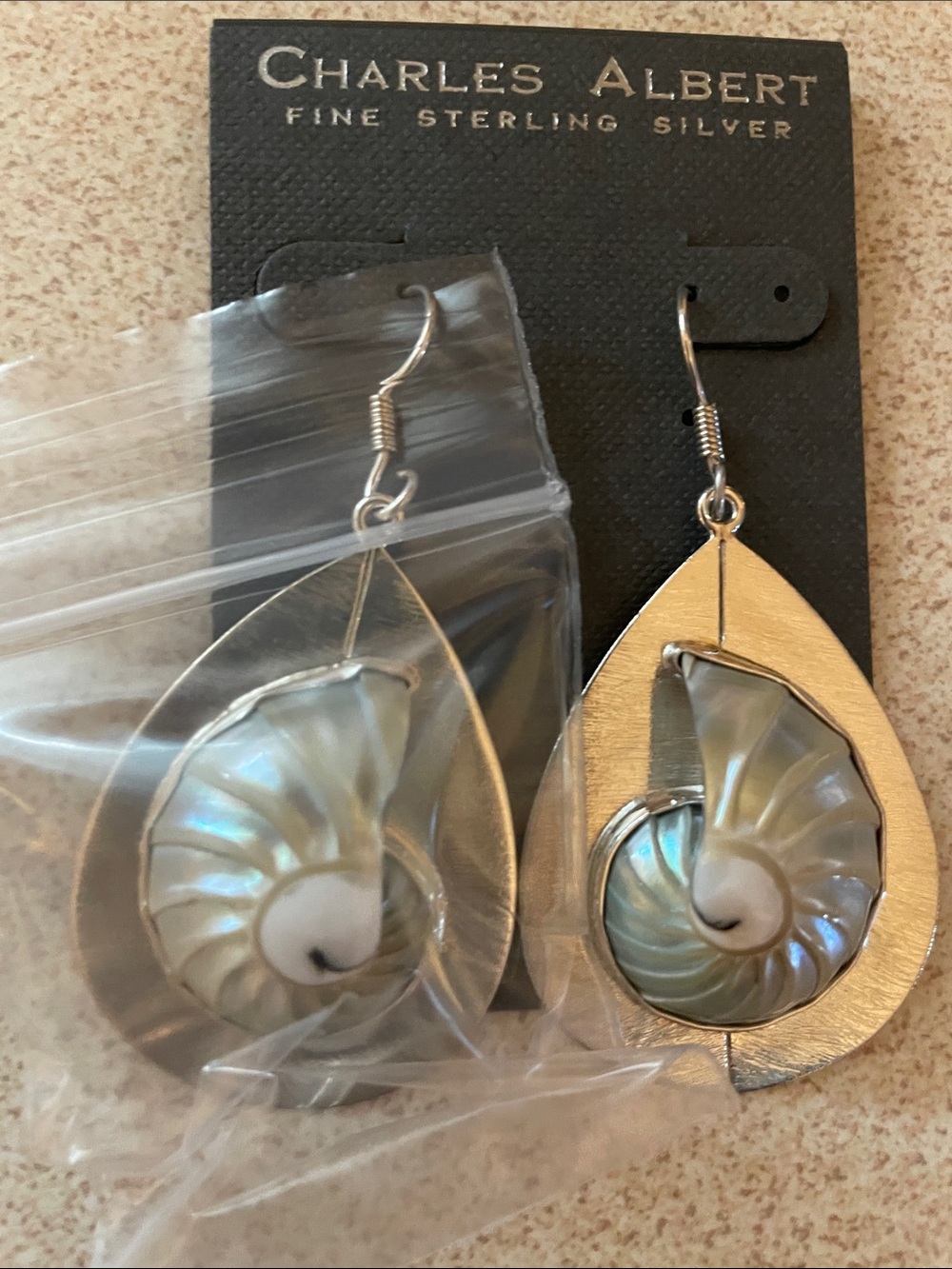 Charles Albert Blue-Green Iridescent Nautilus Teardrop Earrings